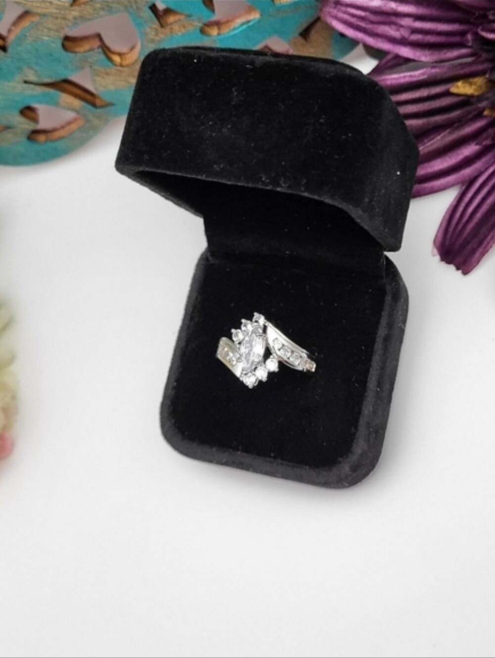 Sterling Silver ring Marquis cut center stone and surrounding cluster stones,